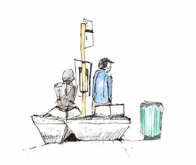 Croquis à l'arrêt de bus, place Schweizer. Encre et crayons de couleurs.