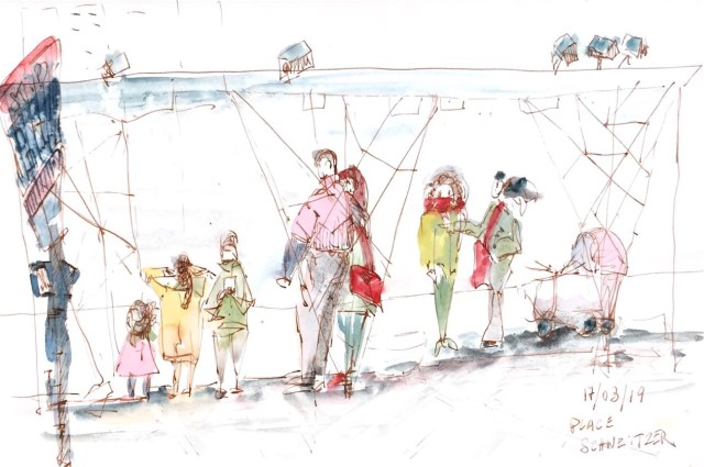 Croquis d'un groupe de personnes attendant le bus à l'arrêt place Schweizer.