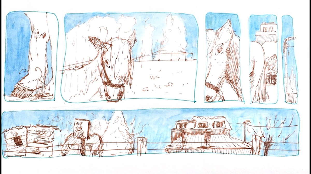 Rencontre avec un cheval à Dilbeek. Croquis encre sépia et crayon bleu.