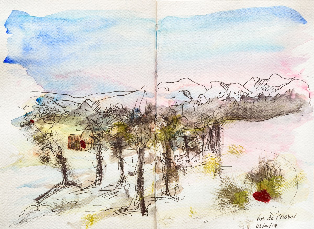 Landscape enneigé du Parc national du Jotunheimen. Croquis depuis la terrasse de l'hôtel. Norvège.