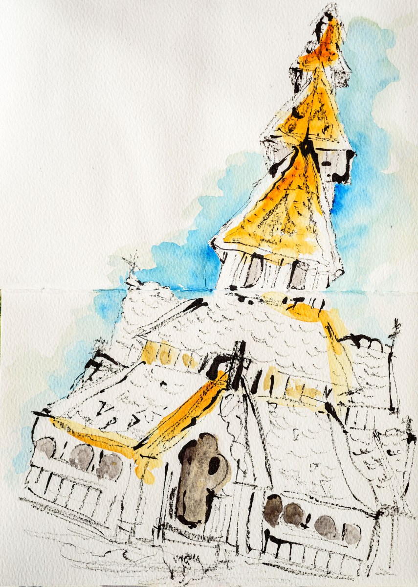 Croquis, encre et aquarelles, d'une stavkirke, église traditionnelle en bois au Musée folklorique d'Oslo, Norway, Norvège. Urban sketching.