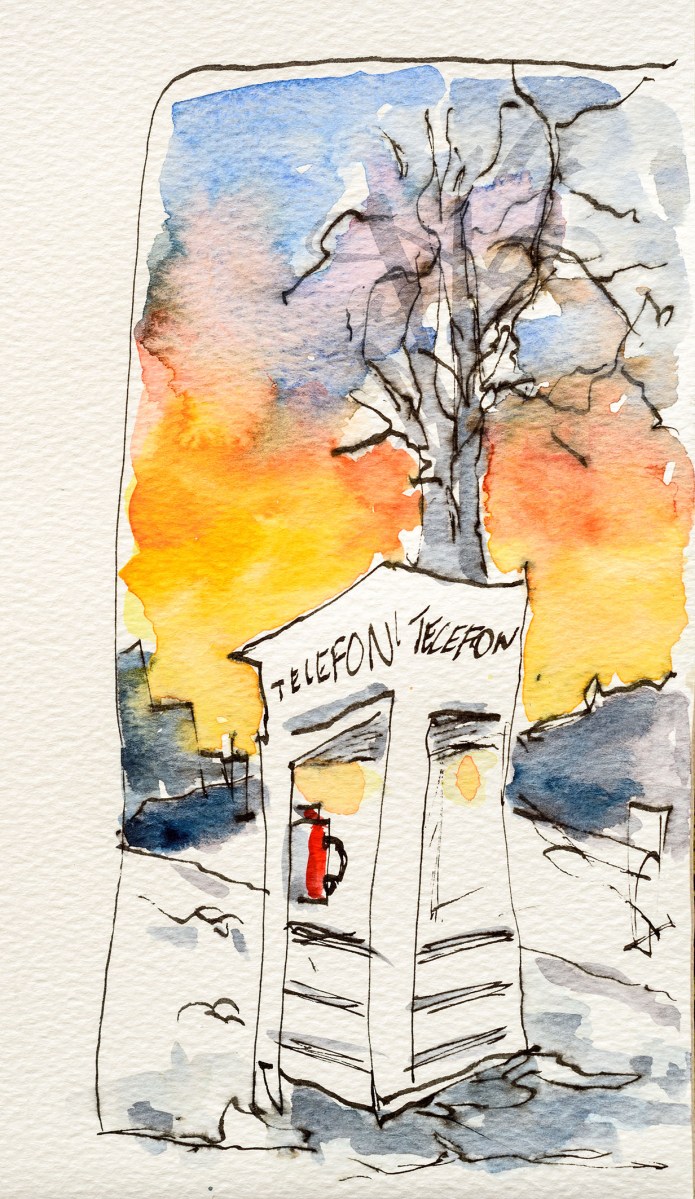 Croquisau stylo et à l'aquarelles d'une cabine téléphonique publique au au Parc de sculptures de Vigeland à Oslo, Norway, Norvège. Urban sketching.